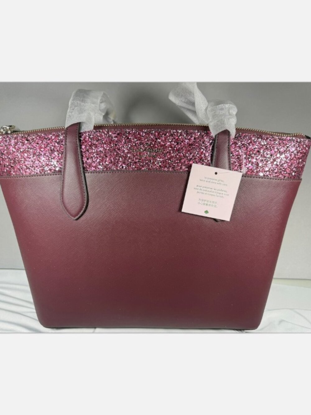 Kate Spade Flash Glitter Tote Cherrywood Burgundy Pink NWT $359